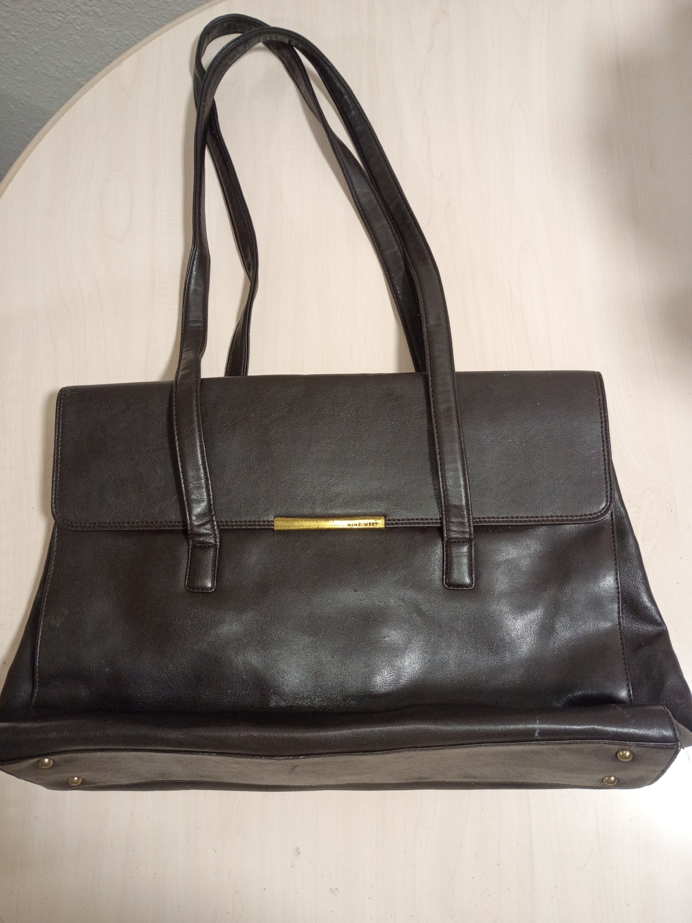 Nine West Classic Dark Brown Leather Laptop Tote Bag/Work Bag with Gold Accent